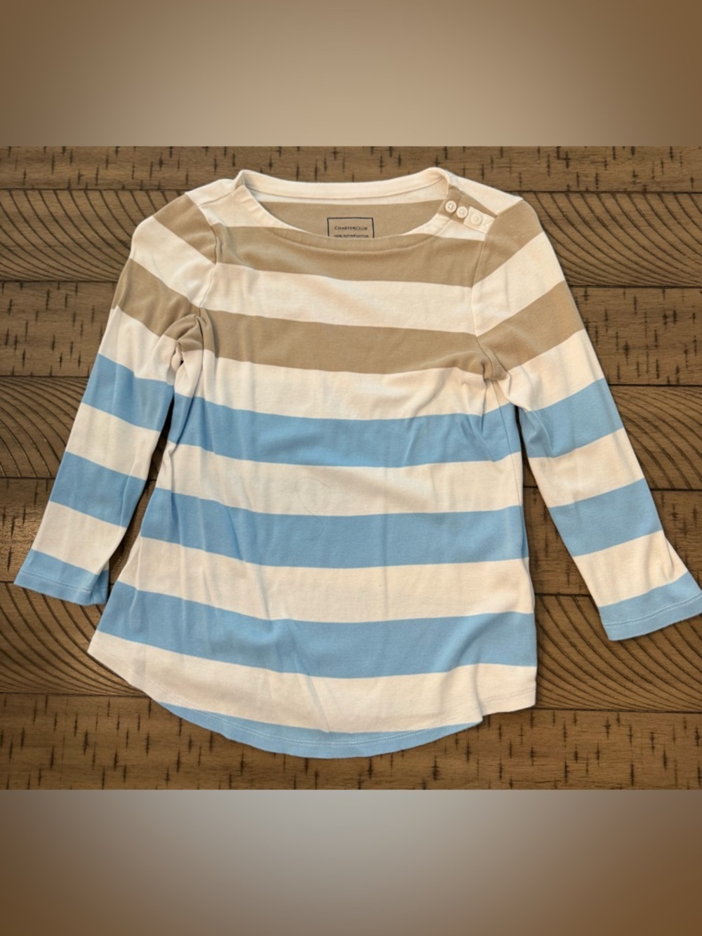 Charter Club Striped Long-Sleeve Top in Blue, Cream & Tan